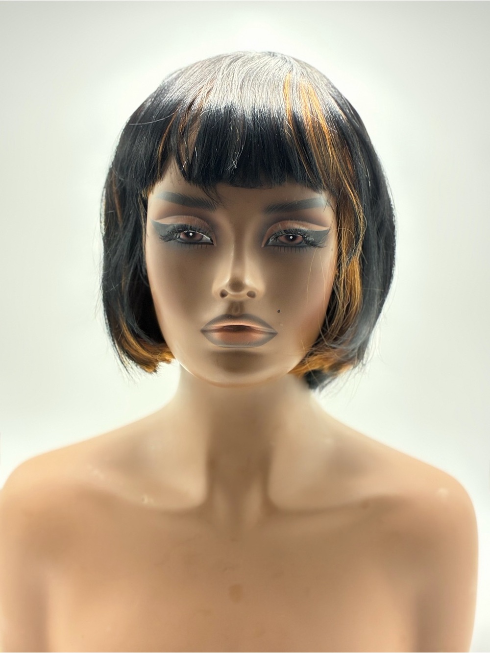 Black Short Bob Wig with Blonde Highlights - Women Hair.  Synthetic 10”